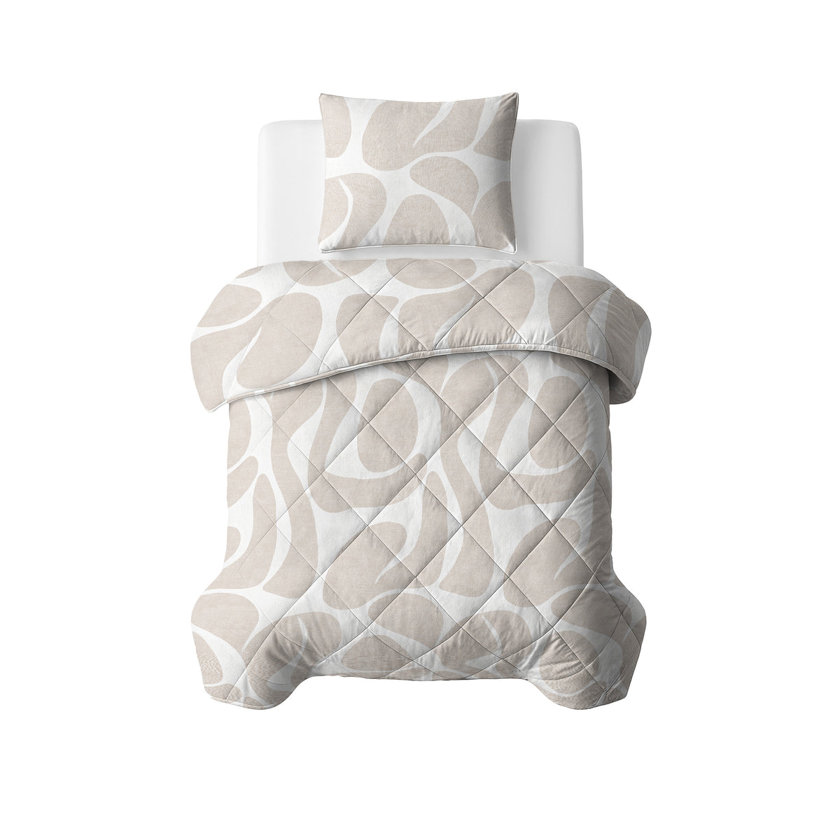 Lazy dekbed Kello met taupe/zand en wit grafisch patroon, gestikt ruitpatroon en bijpassende kussensloop op een bed