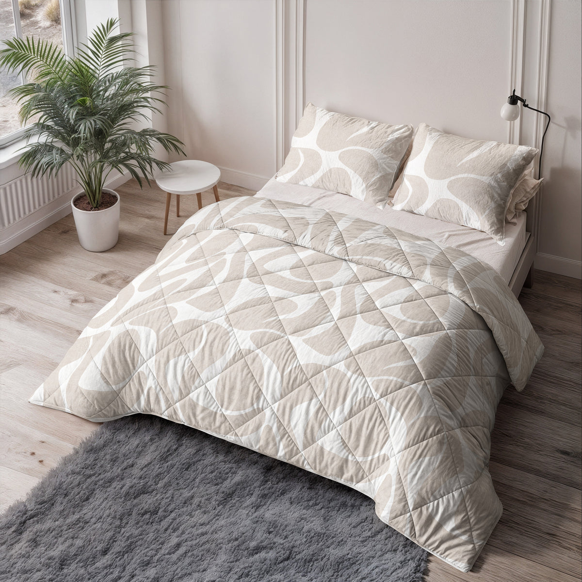 Lazy dekbed alles-in-één polyester microvezel Kello taupe/zand en wit 240 x 220 cm, met 2 kussenslopen