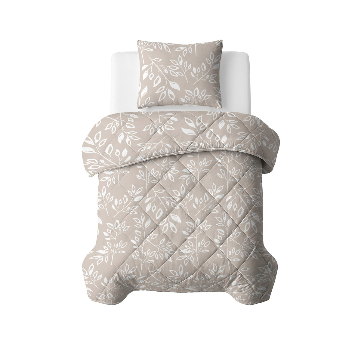 Taupe/zand lazy dekbed met witte bladprint en ruitstiksel, met bijpassende kussensloop op een eenpersoonsbed