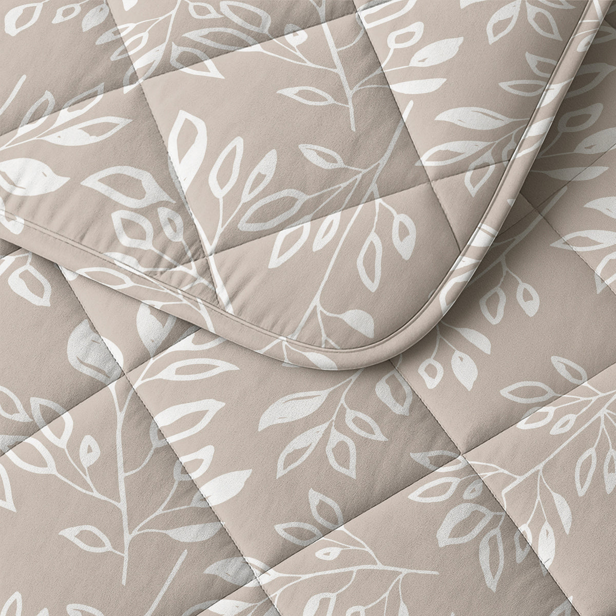 Lazy dekbed polyester microvezel Neva taupe/zand met witte bladprint 140 x 220 cm, dekbed en overtrek in één, met kussensloop