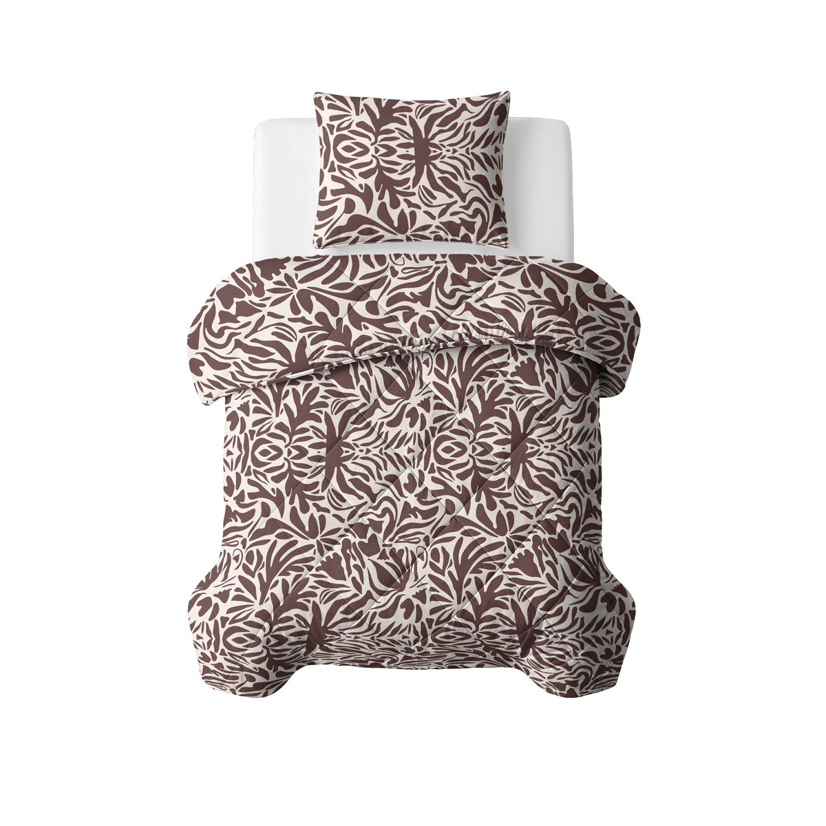 Lazy dekbed met kussensloop in bruinrood bloemmotief op witte ondergrond, bovenaanzicht op eenpersoonsbed