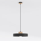 Zwarte hanglamp met platte ronde kap en houten element aan een dun zwart snoer, met kale lamp onder de kap