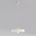 Witte hanglamp met platte ronde kap, houten ring aan de pendel en zichtbare lamp onder de kap, lichtgrijze achtergrond