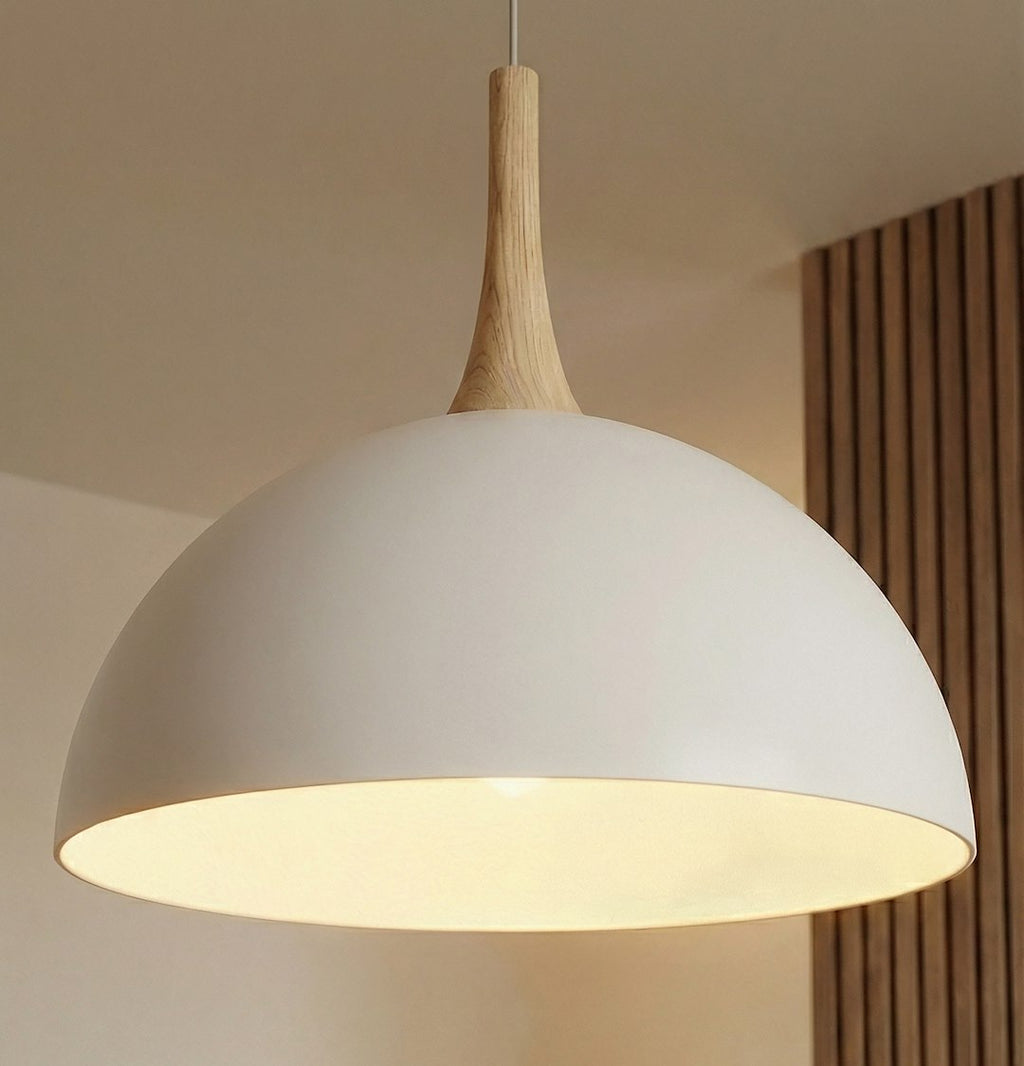 Hanglamp gepoedercoat staal en hout, Scandinavisch model Nautica, wit, 40 x 40 cm, voor woonkamer of eetruimte