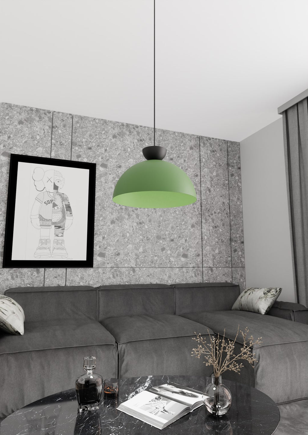 Hanglamp gepoedercoat staal Lunaro industrieel, groen met zwarte details – Ø 40 cm, verstelbare ophanging