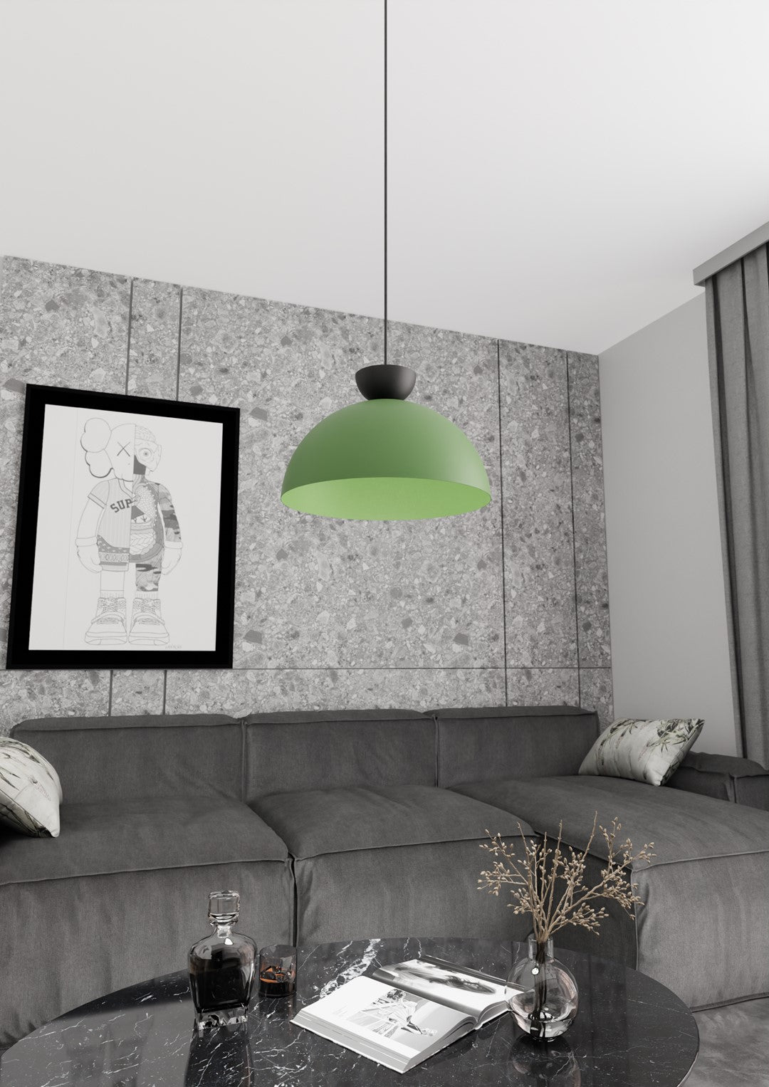 Hanglamp gepoedercoat staal Lunaro industrieel, groen met zwarte details – Ø 40 cm, verstelbare ophanging