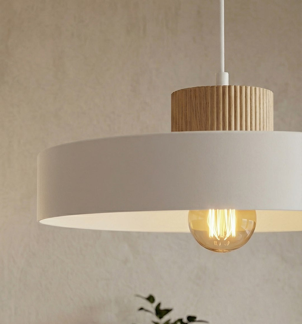 Hanglamp gepoedercoat staal en hout Scandinavisch Kivi wit, 1 fitting E27, verstelbare hoogte, breedte 35 cm