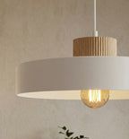 Hanglamp gepoedercoat staal en hout Scandinavisch Kivi wit, 1 fitting E27, verstelbare hoogte, breedte 35 cm