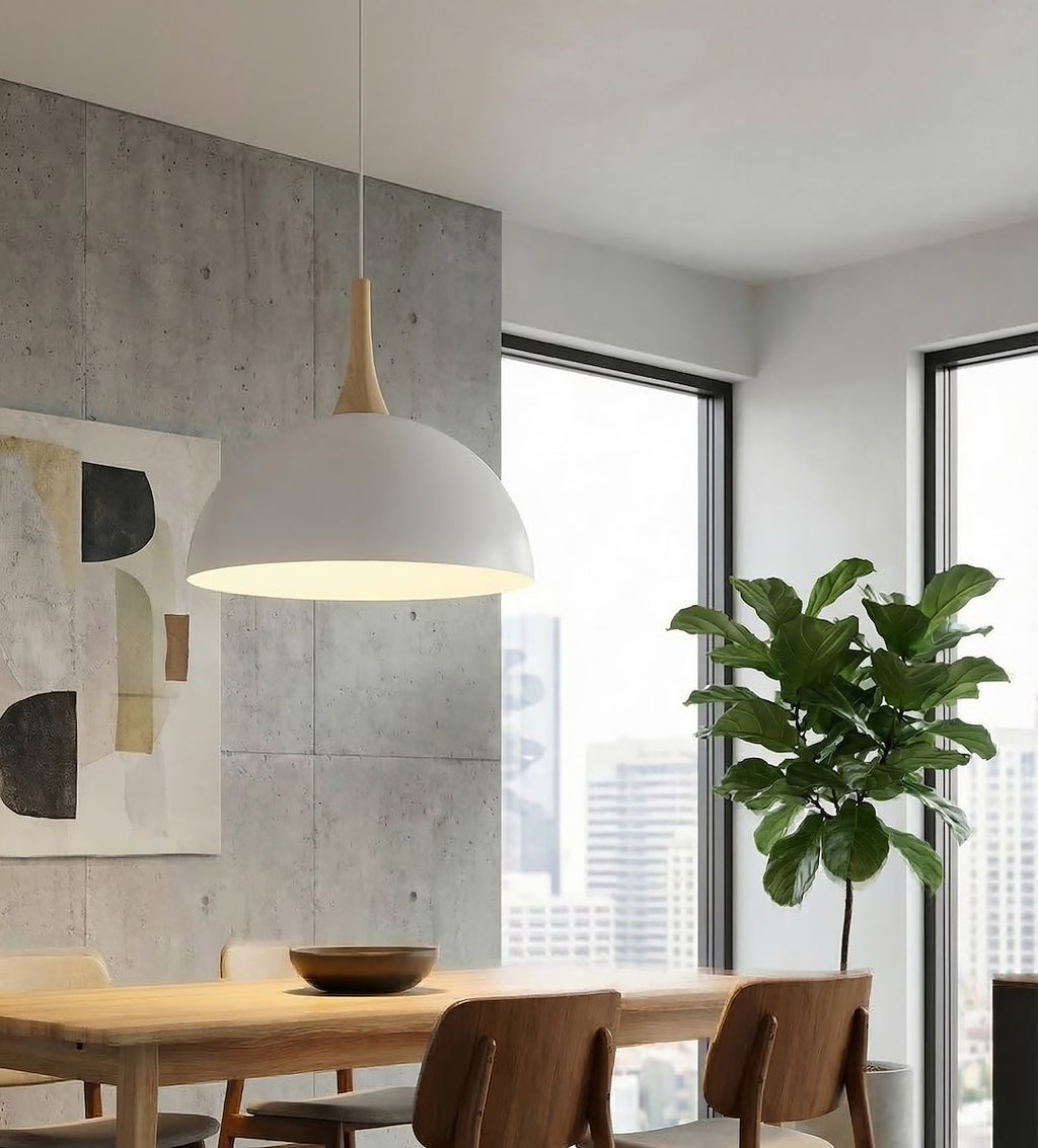 Hanglamp gepoedercoat staal en hout, Scandinavisch model Nautica, wit, 40 x 40 cm, voor woonkamer of eetruimte