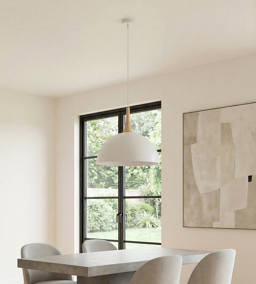 Hanglamp gepoedercoat staal en hout, Scandinavisch model Nautica, wit, 40 x 40 cm, voor woonkamer of eetruimte