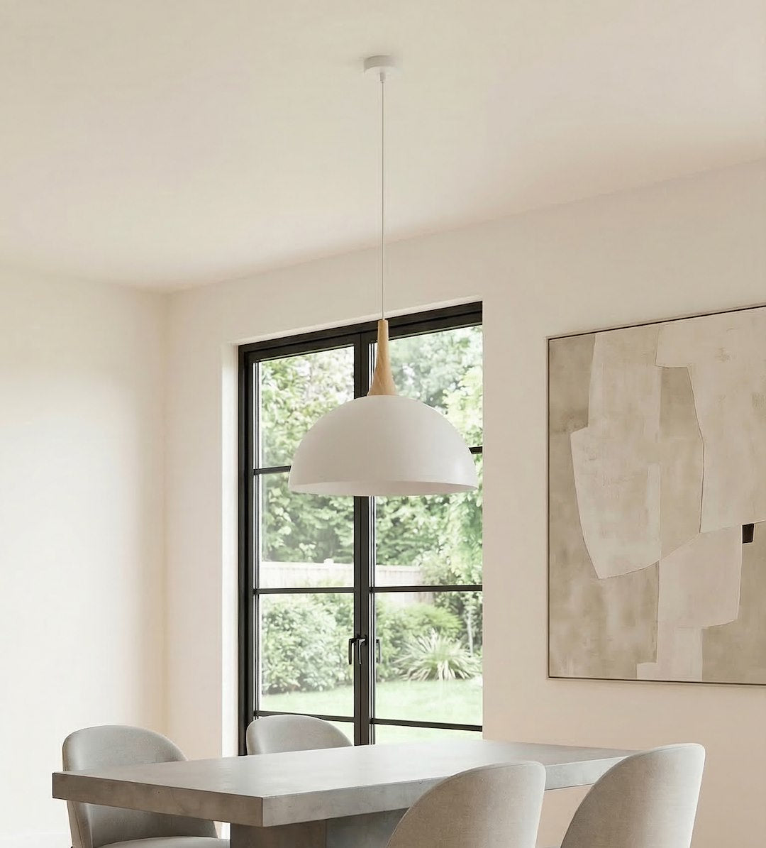 Hanglamp gepoedercoat staal en hout, Scandinavisch model Nautica, wit, 40 x 40 cm, voor woonkamer of eetruimte