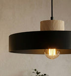 Hanglamp gepoedercoat staal en hout Scandinavisch Kivi zwart 35 x 35 cm, voor woonkamer of eetkamer