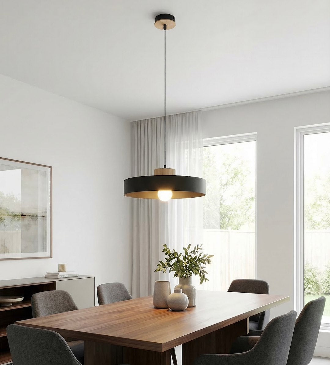 Hanglamp gepoedercoat staal en hout Scandinavisch Kivi zwart 35 x 35 cm, voor woonkamer of eetkamer