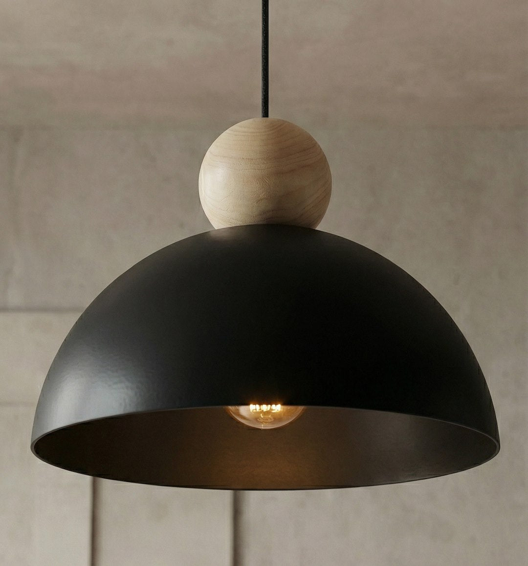 Hanglamp Kaki gepoedercoat staal en hout, Scandinavisch, zwart, Ø 30 cm, 1 fitting E27