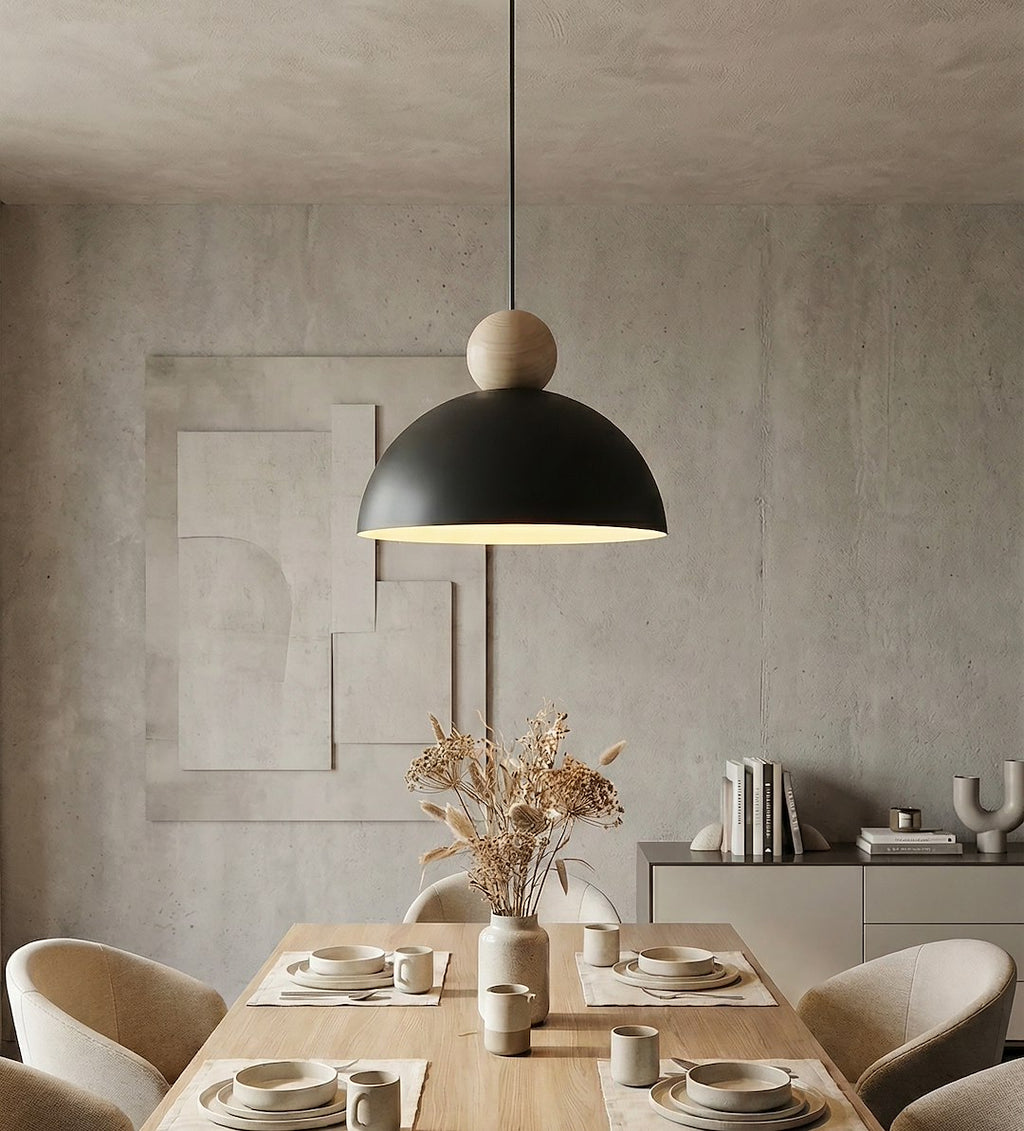 Hanglamp Kaki gepoedercoat staal en hout, Scandinavisch, zwart, Ø 30 cm, 1 fitting E27