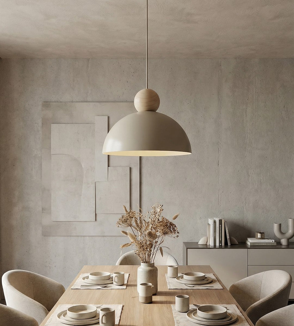 Hanglamp Kaki gepoedercoat staal en hout, Scandinavisch, beige, 1 lichtpunt, E27, verstelbare ophanging