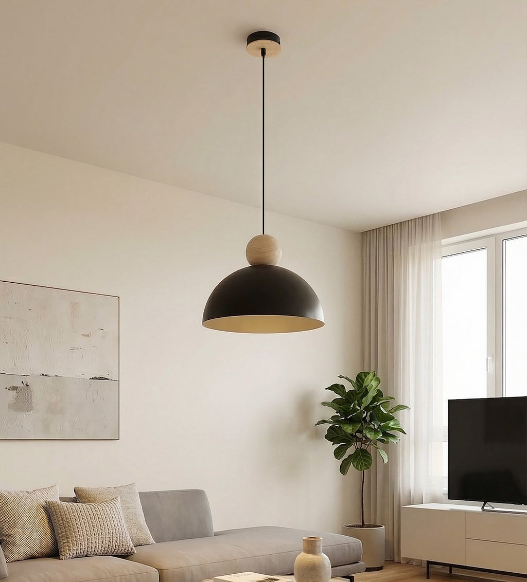 Hanglamp Kaki gepoedercoat staal en hout, Scandinavisch, zwart, Ø 30 cm, 1 fitting E27
