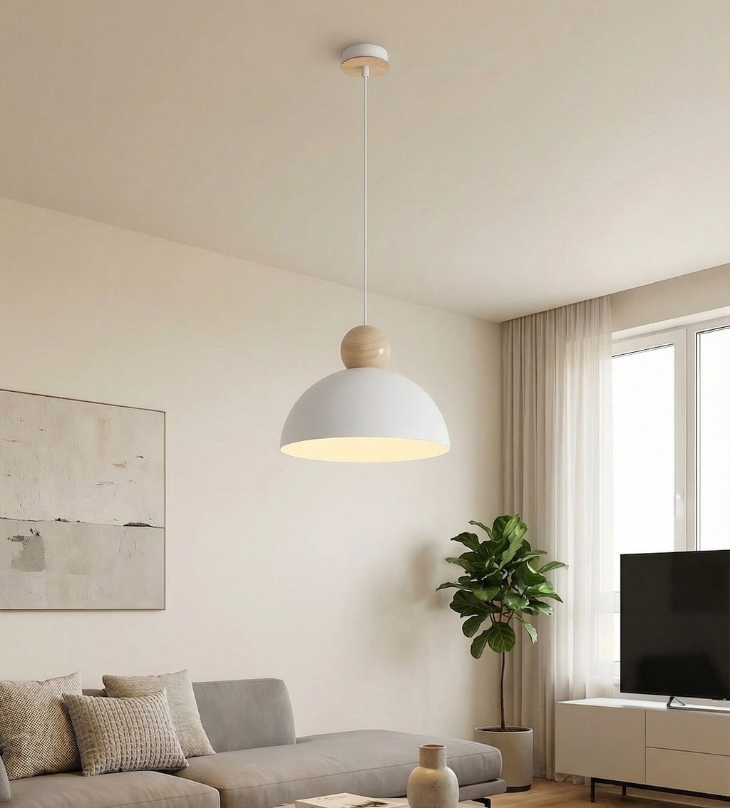 Hanglamp Kaki gepoedercoat staal en hout, Scandinavisch, wit, 30 x 30 cm, 1 fitting E27, voor lage plafonds