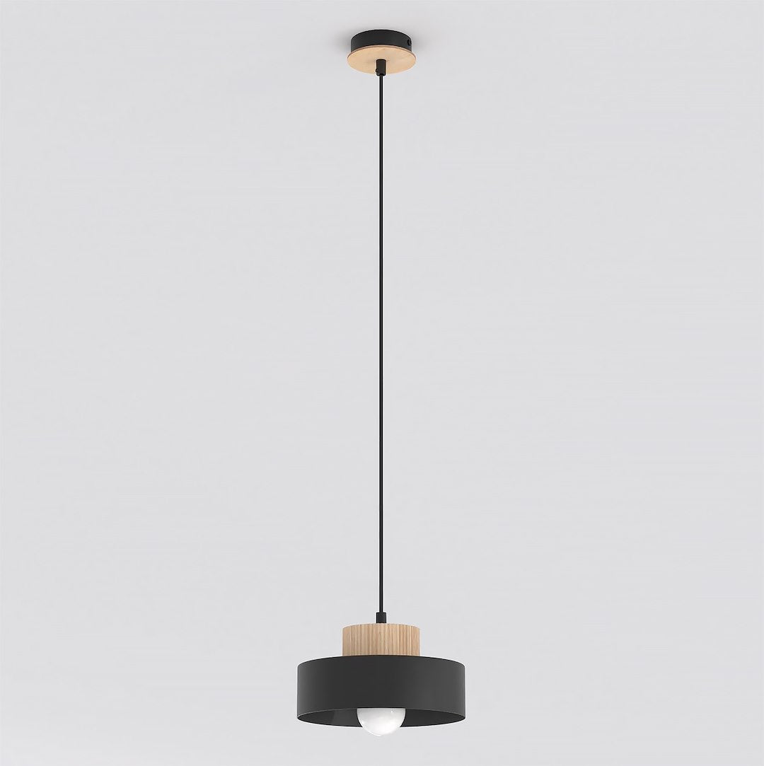 Zwarte hanglamp met houten detail aan zwart snoer en houten plafondplaat, met zichtbare lamp onder de kap