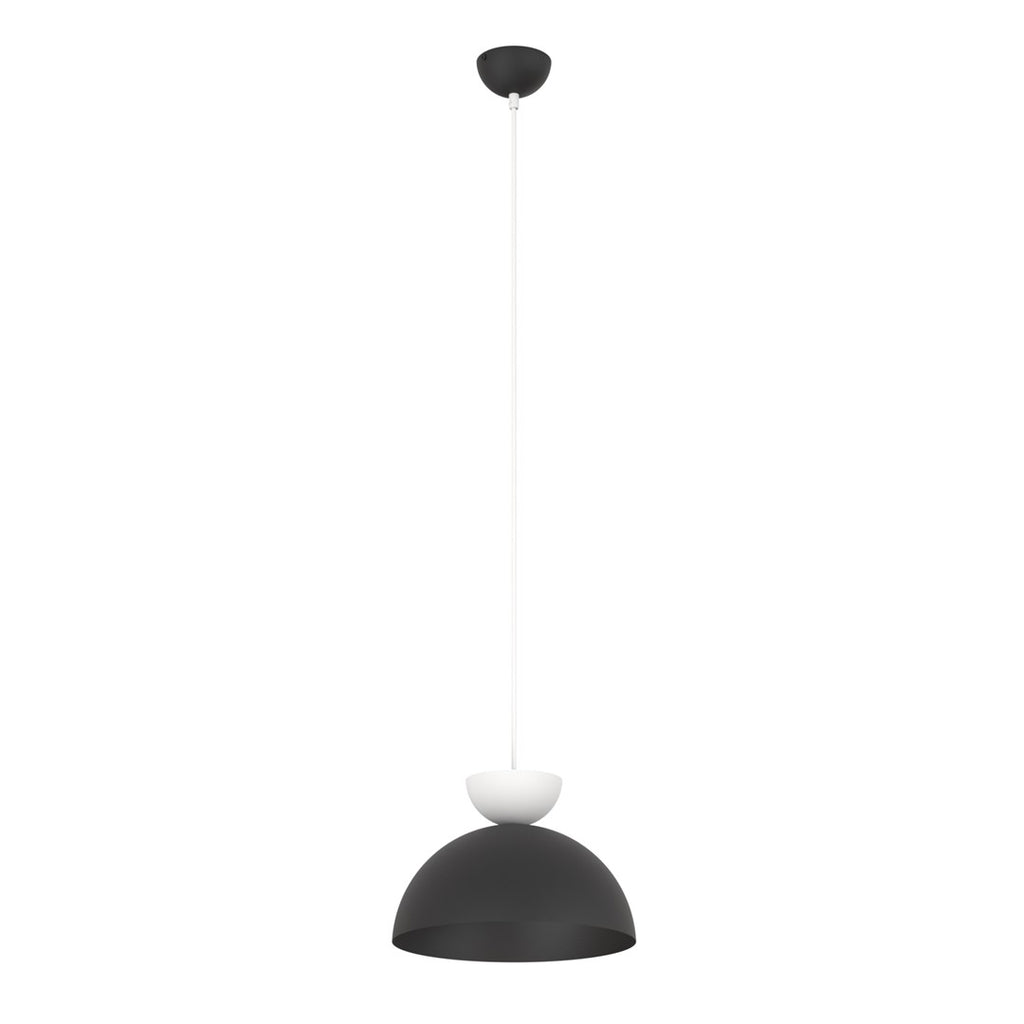 Zwarte halfronde hanglamp met wit accent aan een dunne witte snoerophanging en zwarte plafondkap