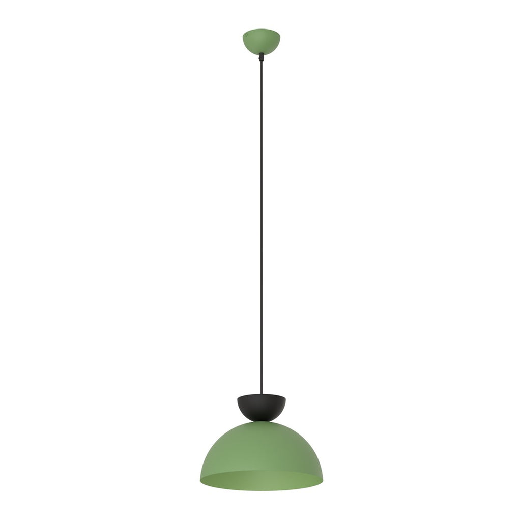 Groene hanglamp met halfronde kap en zwart detail aan een dun zwart snoer met groene plafondplaat