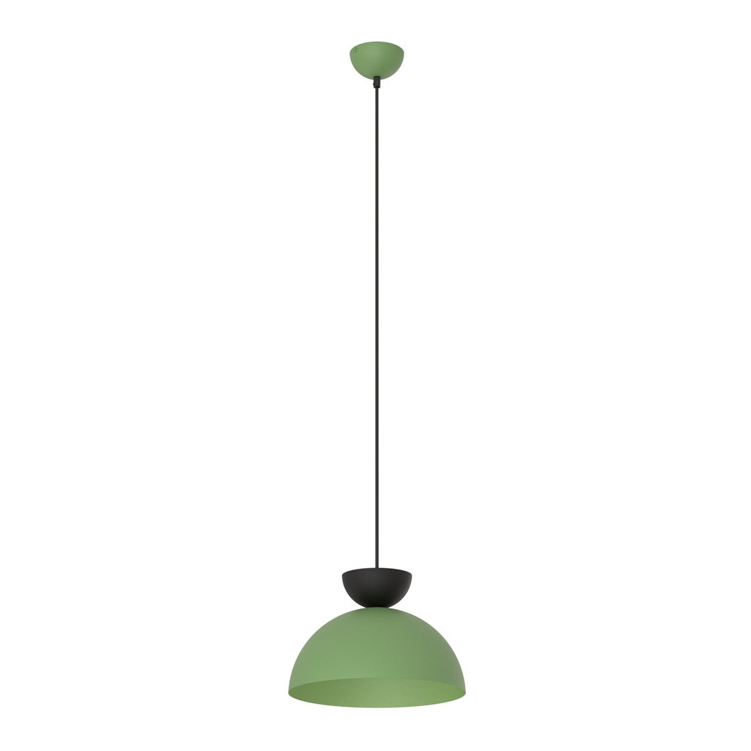 Groene hanglamp met halfronde kap en zwart detail aan een dun zwart snoer met groene plafondplaat