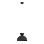 Zwarte hanglamp met halfronde kap en klein halfrond element erboven, aan een dun snoer met ronde plafondkap