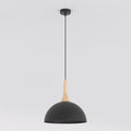 Zwarte koepelvormige hanglamp met houten detail aan een dun zwart snoer en ronde plafondplaat