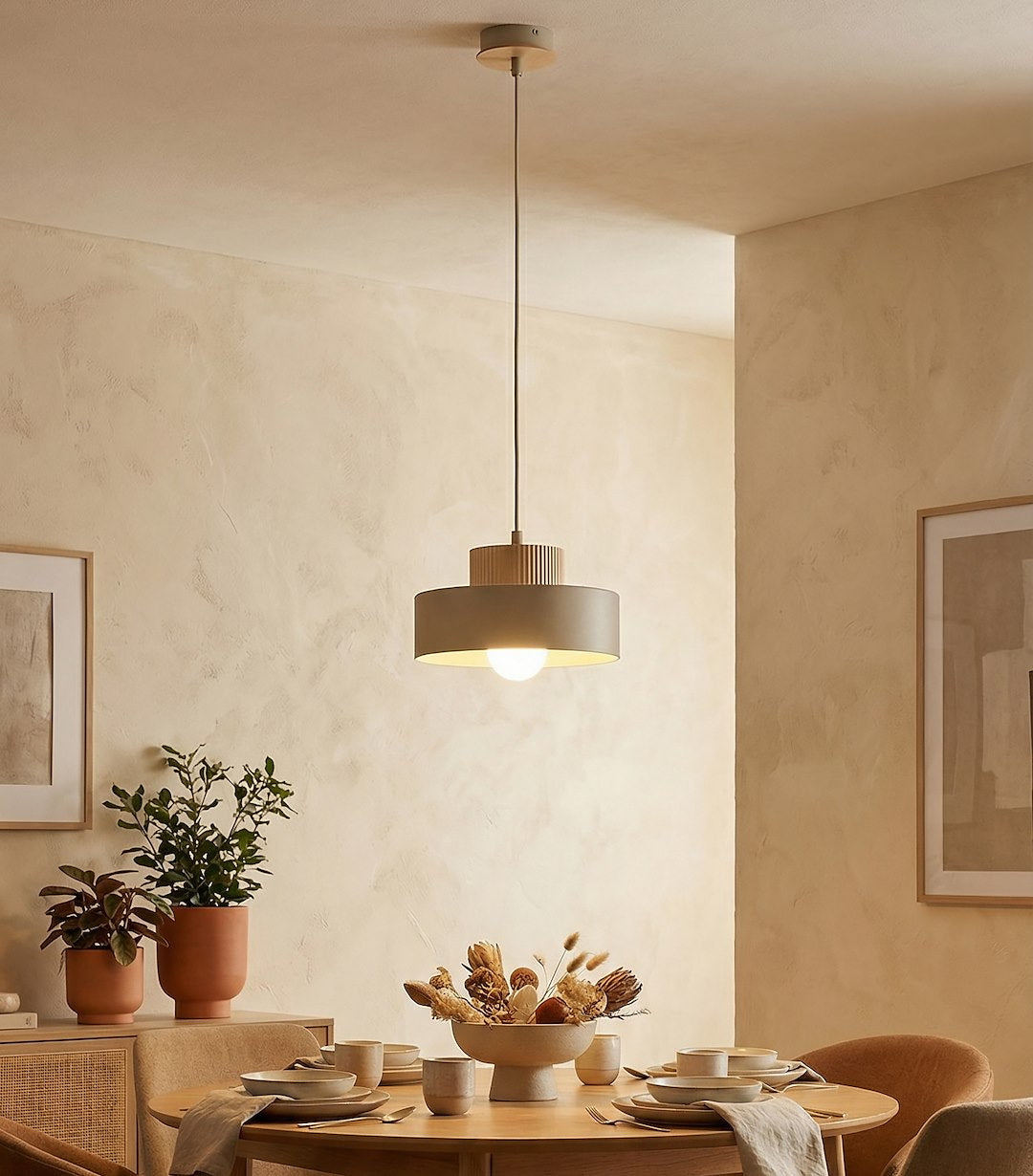 Hanglamp gepoedercoat staal en hout Scandinavisch Kivi beige Ø 20 cm voor woonkamer en eetkamer