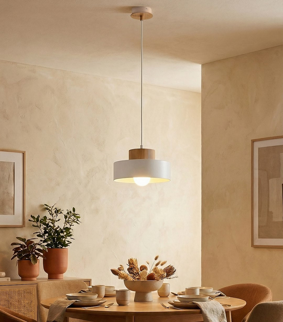 Hanglamp gepoedercoat staal en hout Scandinavisch Kivi, wit, Ø 20 cm, 1 lichtpunt E27 voor woonkamer of eetruimte