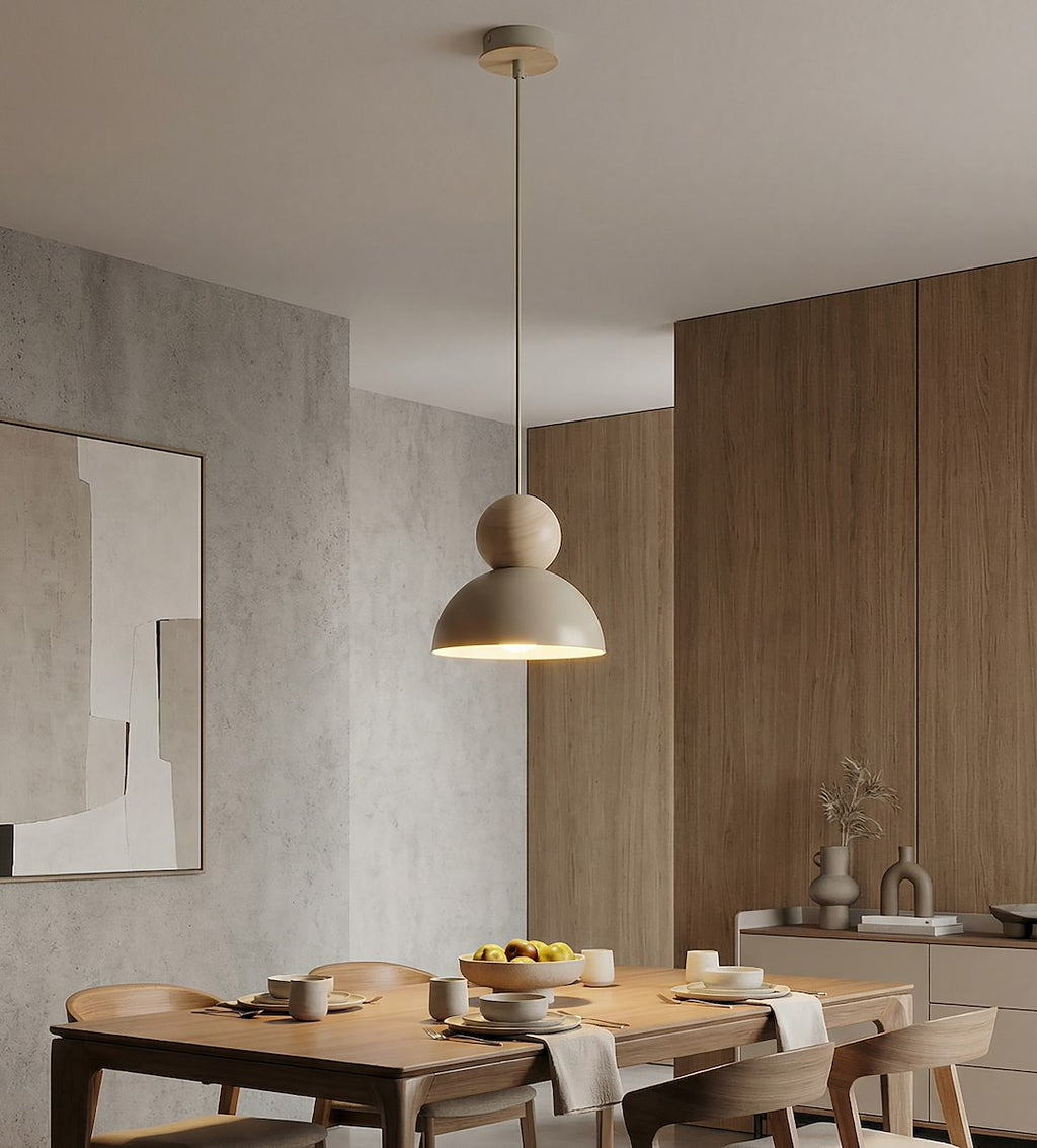 Hanglamp gepoedercoat staal en hout, Scandinavisch beige, 18 x 18 cm, 1 lichtpunt E27 voor slaapkamer en woonkamer