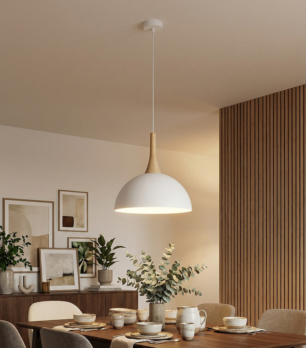 Hanglamp gepoedercoat staal en hout Scandinavisch wit Ø 30 cm, met 1 fitting en verstelbare hoogte