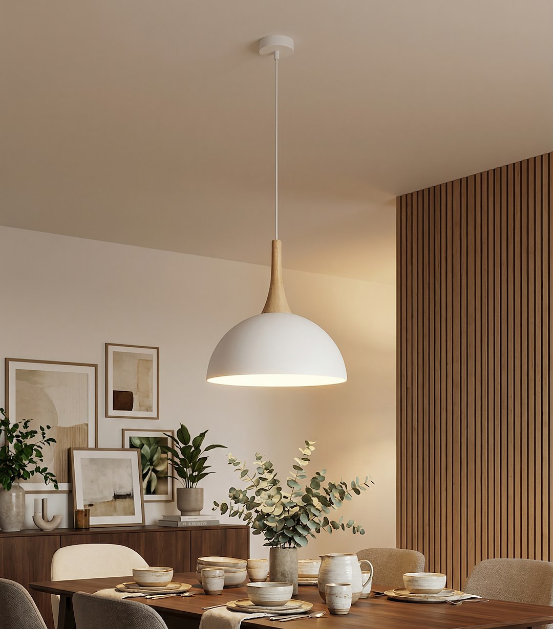 Hanglamp gepoedercoat staal en hout Scandinavisch wit Ø 30 cm, met 1 fitting en verstelbare hoogte