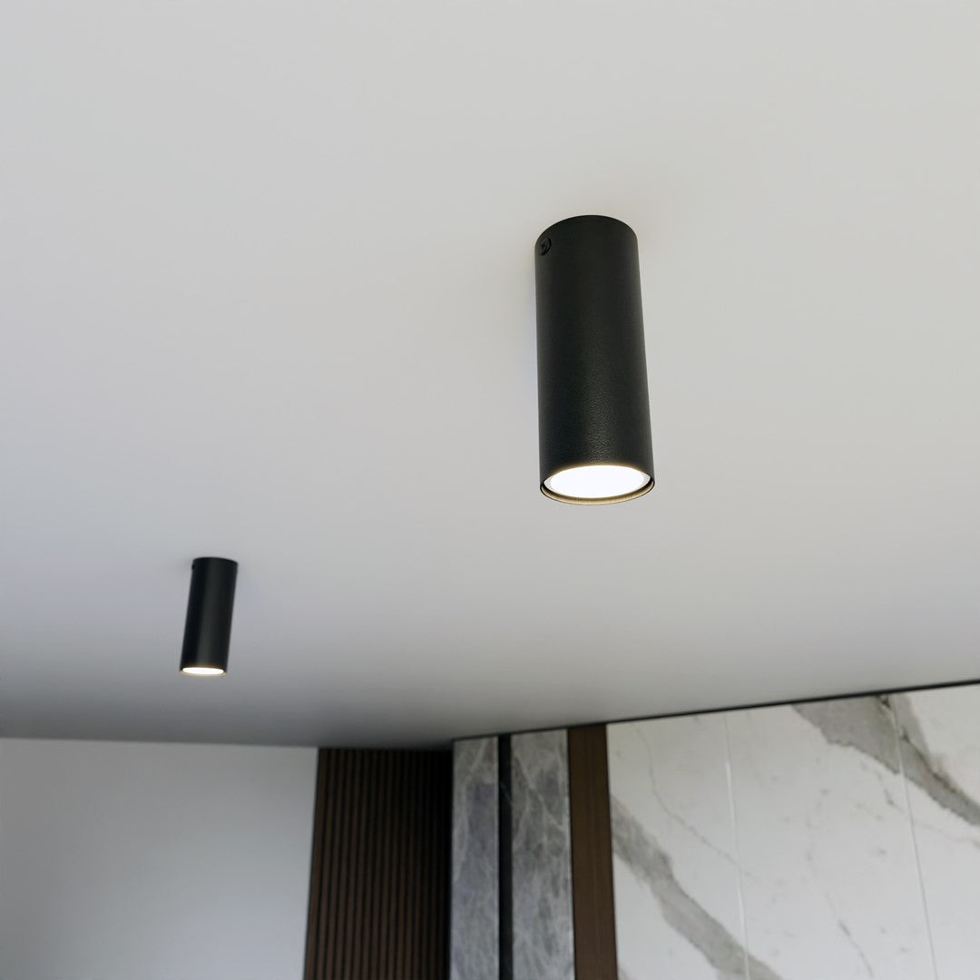 Plafondlamp gepoedercoat staal Tecno minimalistisch zwart, 1 GU10-fitting, 6 x 15 cm, woonkamer en werkruimte