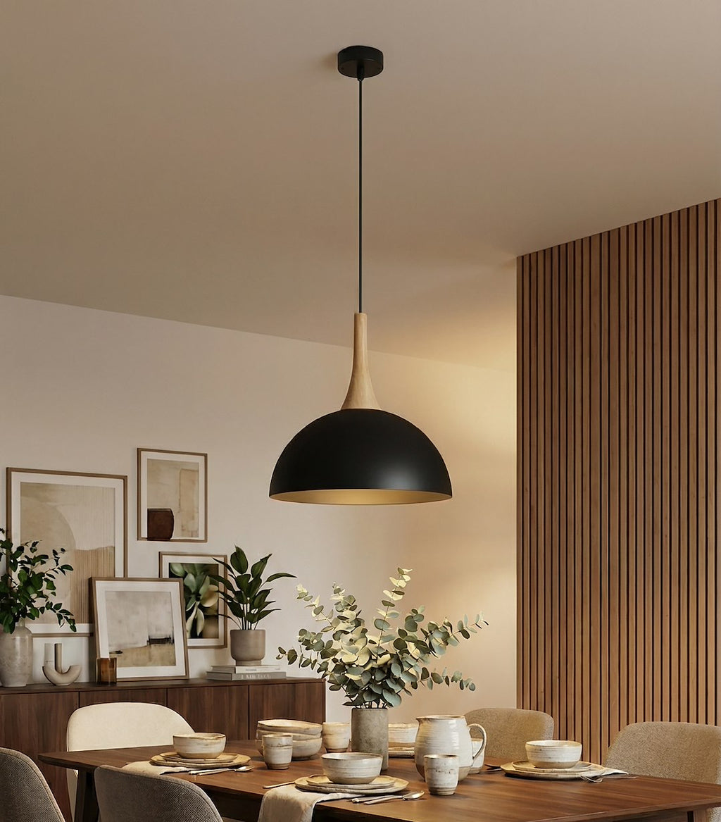 Hanglamp gepoedercoat staal en hout Scandinavisch Nautica zwart 30 cm, 1 fitting, voor woonkamer en eetruimte