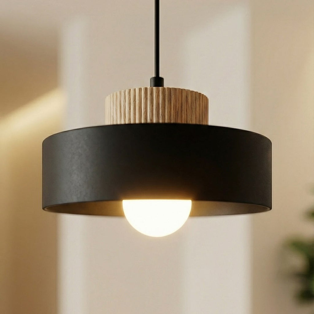 Hanglamp gepoedercoat staal met hout, Scandinavisch Kivi, zwart, 20 x 20 cm, 1 x E27 voor woonkamer en eetkamer