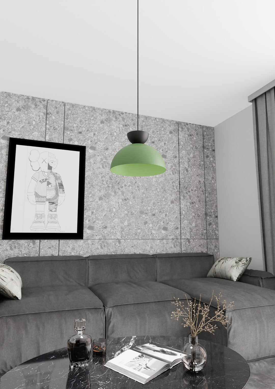 Hanglamp staal industrieel Lunaro groen met zwarte details, Ø 30 cm, 1 lichtpunt voor eettafel en woonkamer