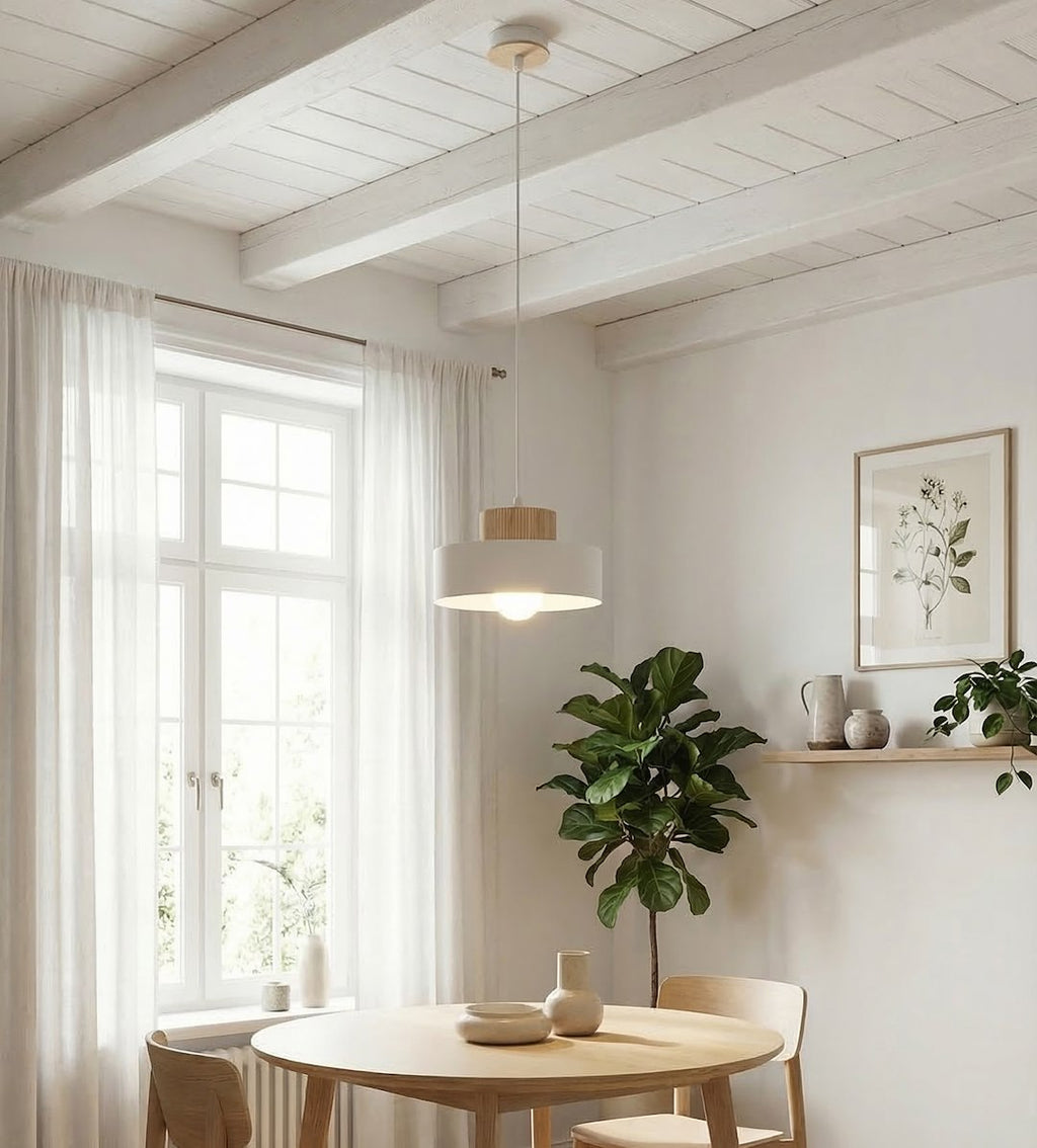 Hanglamp gepoedercoat staal en hout Scandinavisch Kivi, wit, Ø 20 cm, 1 lichtpunt E27 voor woonkamer of eetruimte