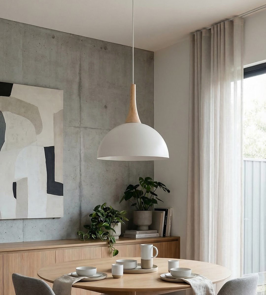 Hanglamp gepoedercoat staal en hout Scandinavisch wit Ø 30 cm, met 1 fitting en verstelbare hoogte
