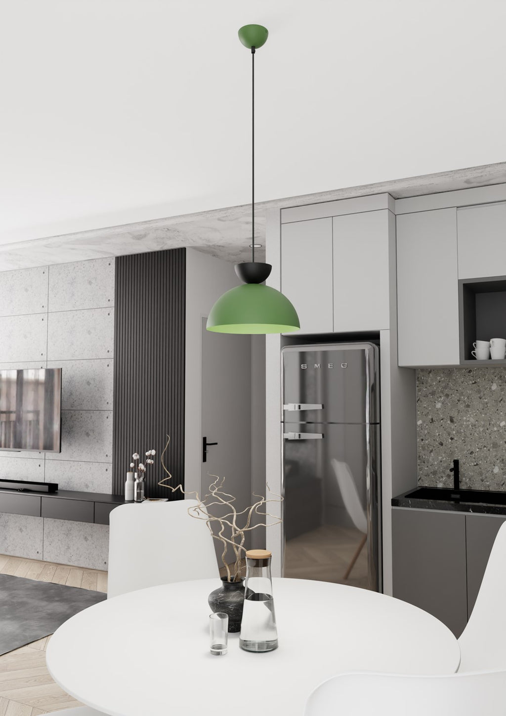 Hanglamp staal industrieel Lunaro groen met zwarte details, Ø 30 cm, 1 lichtpunt voor eettafel en woonkamer