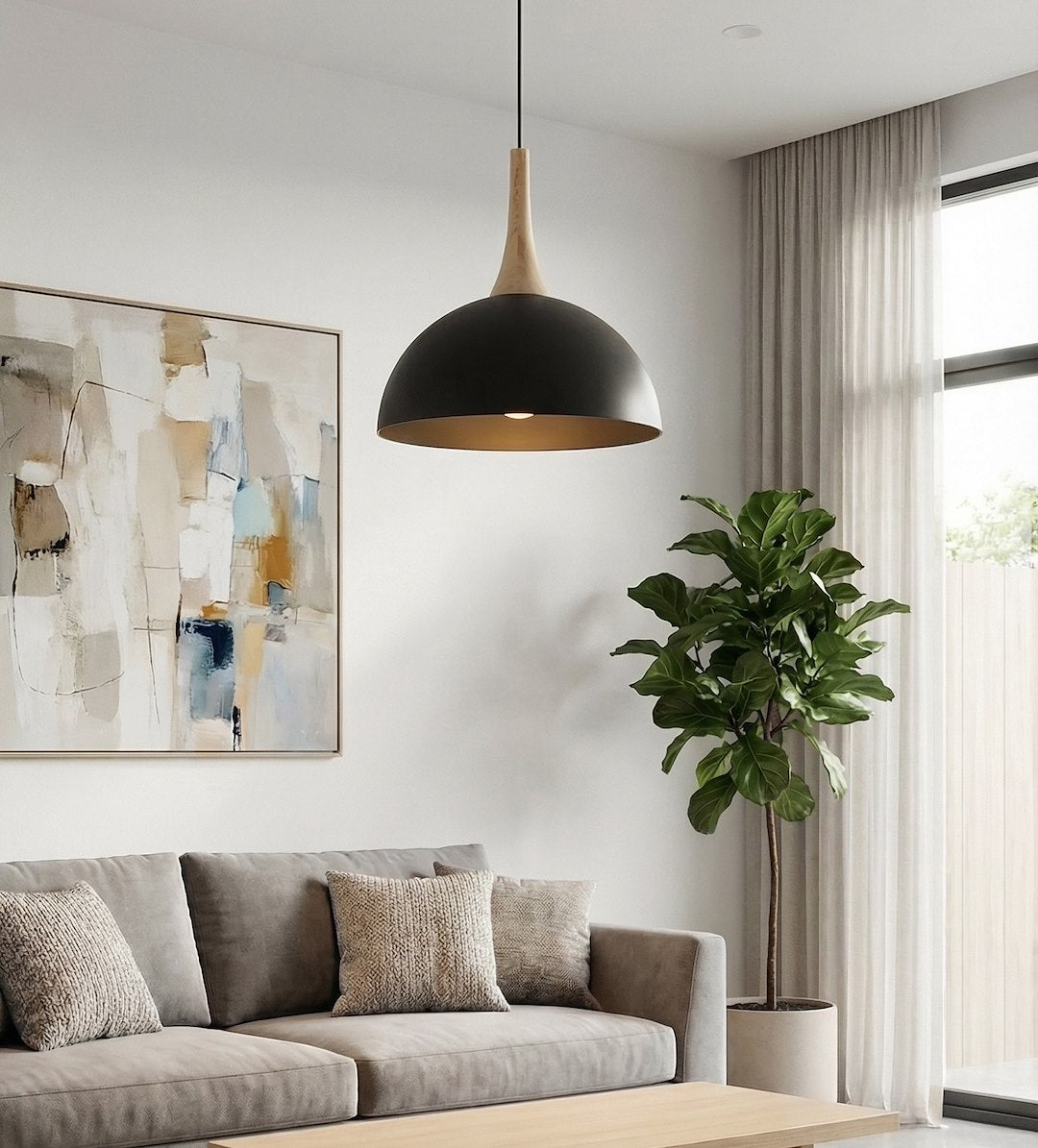 Hanglamp gepoedercoat staal en hout Scandinavisch Nautica zwart 30 cm, 1 fitting, voor woonkamer en eetruimte
