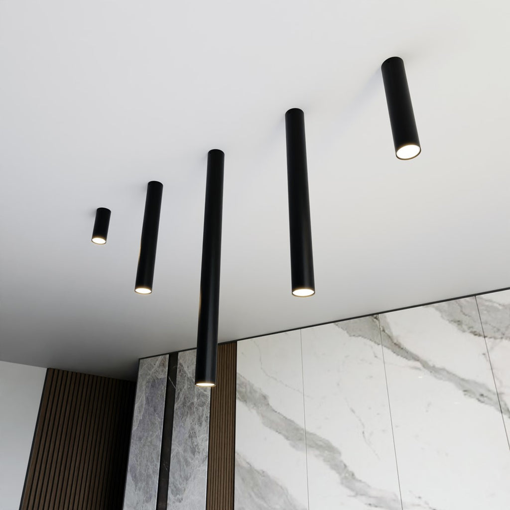 Plafondlamp gepoedercoat staal Tecno minimalistisch zwart, 1 GU10-fitting, 6 x 15 cm, woonkamer en werkruimte