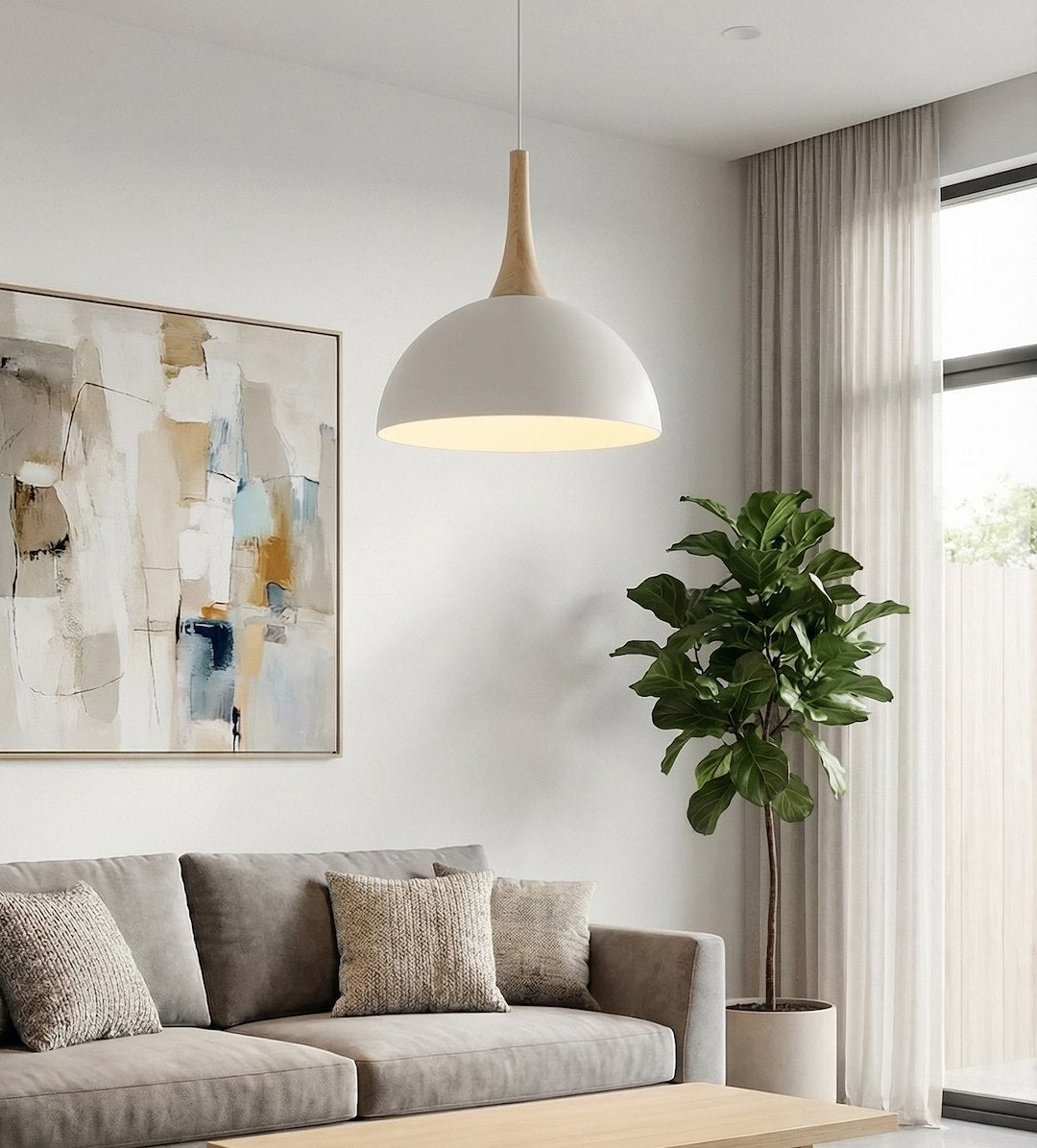 Hanglamp gepoedercoat staal en hout Scandinavisch wit Ø 30 cm, met 1 fitting en verstelbare hoogte