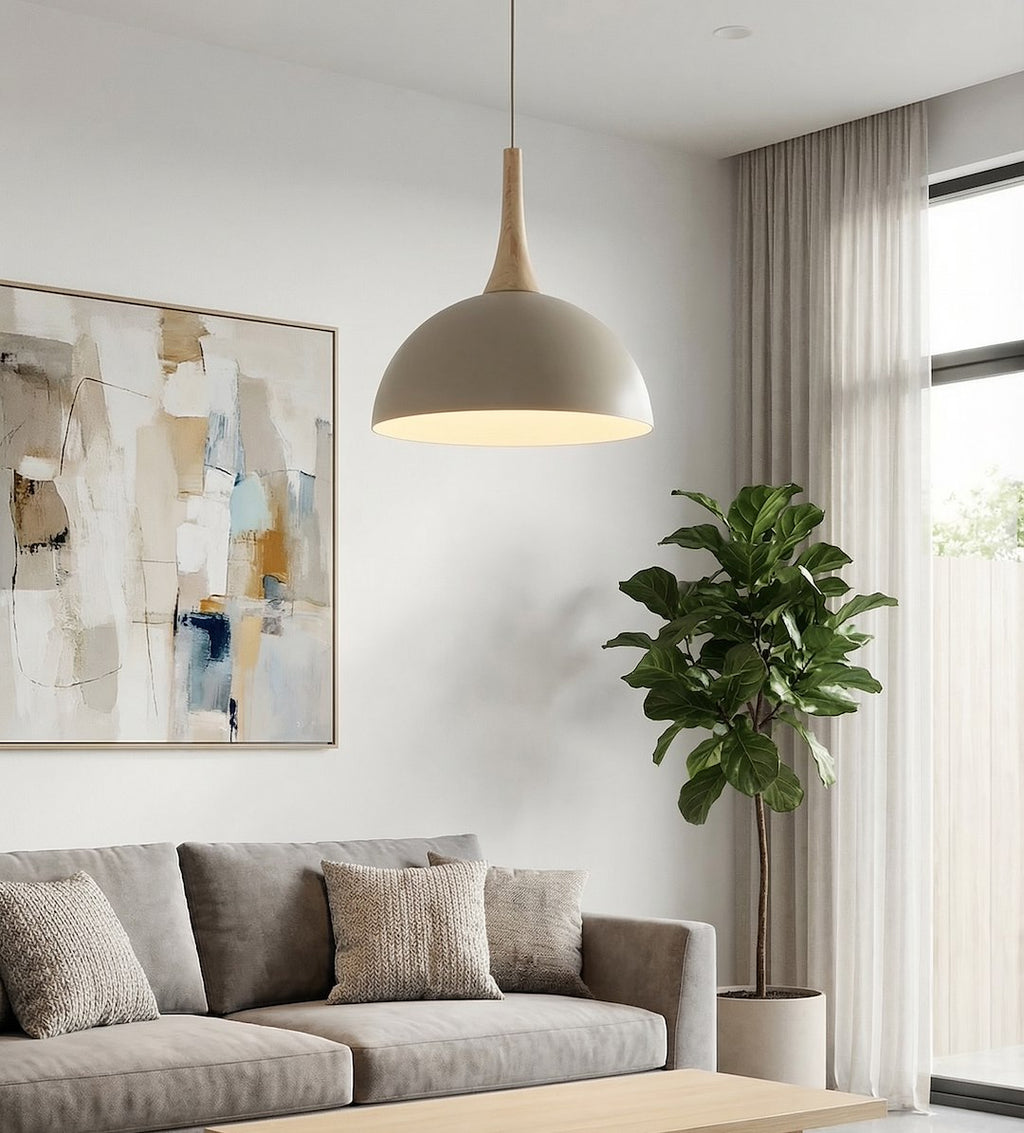 Hanglamp gepoedercoat staal en hout Scandinavisch beige Nautica 30 cm, 1 fitting, woonkamer en eetkamer