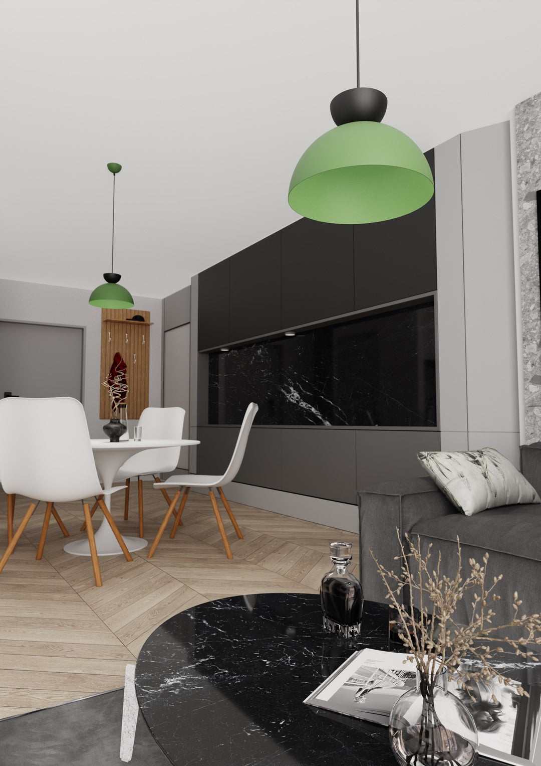 Hanglamp staal industrieel Lunaro groen met zwarte details, Ø 30 cm, 1 lichtpunt voor eettafel en woonkamer