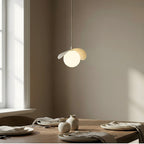Hanglamp gepoedercoat staal en glas, Ritual, modern, beige kap met glazen bol, G9 – eettafel, woonkamer of slaapkamer