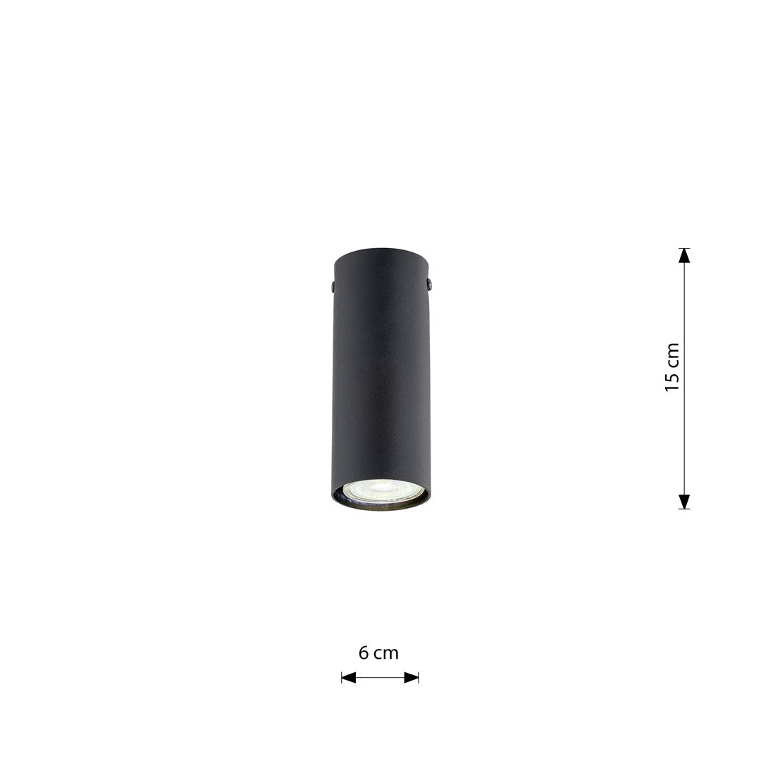 Plafondlamp gepoedercoat staal Tecno minimalistisch zwart, 1 GU10-fitting, 6 x 15 cm, woonkamer en werkruimte