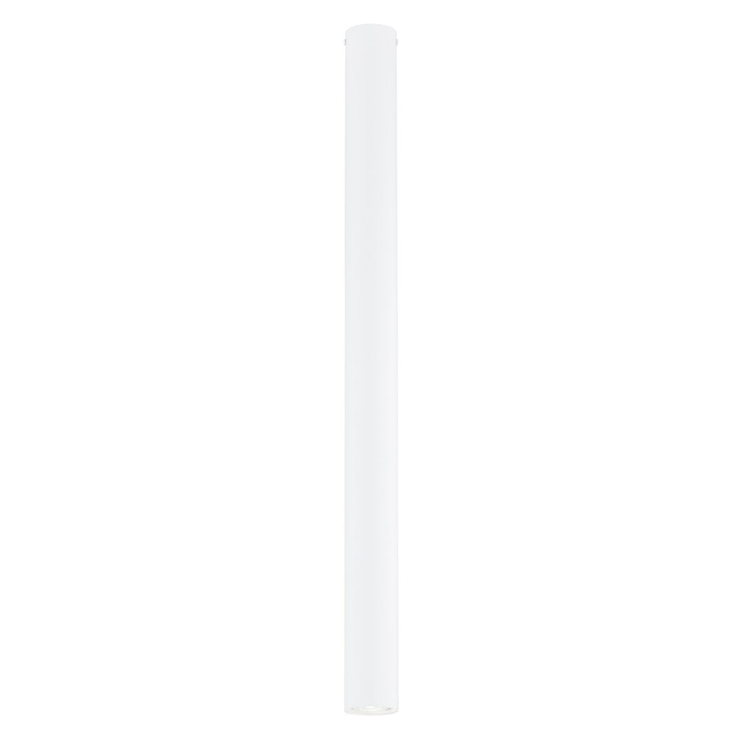 Lange smalle witte cilindervormige plafondlamp met kleine lichtopening aan de onderkant