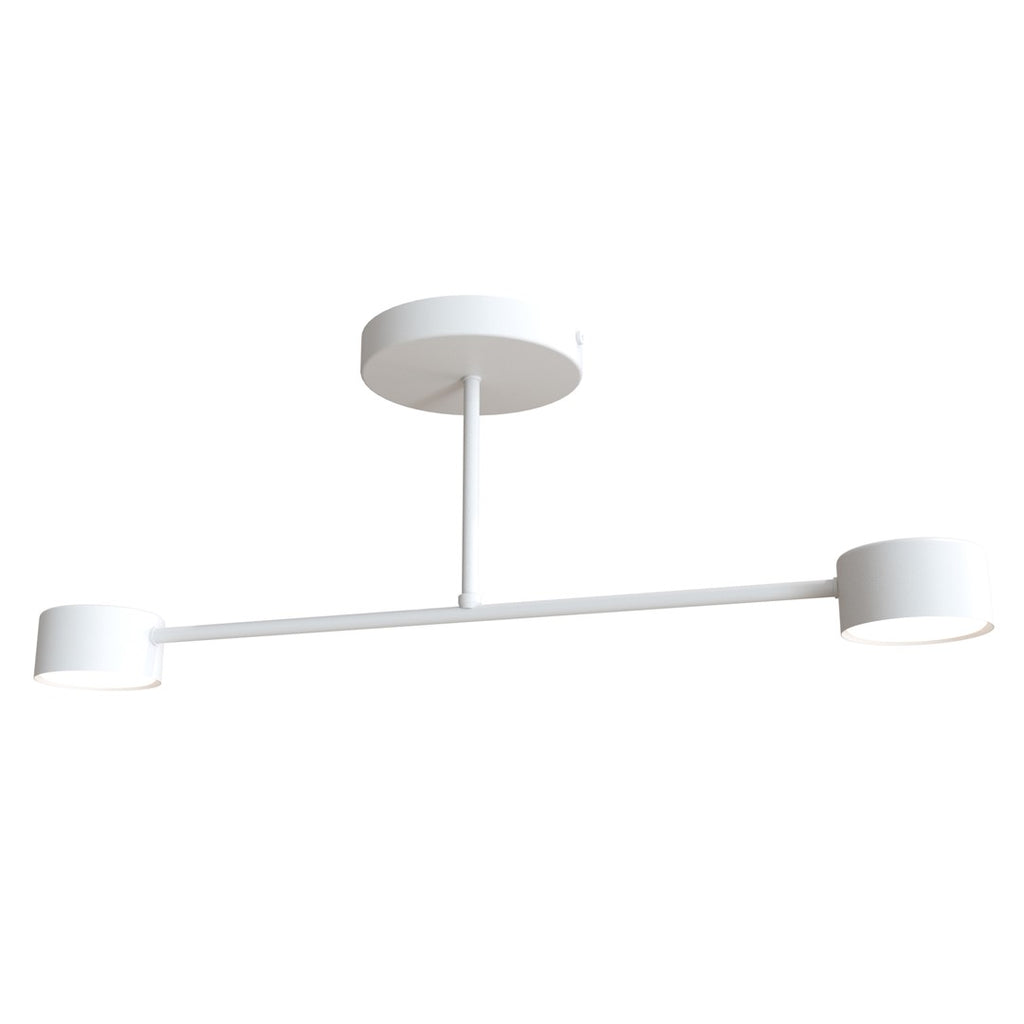 Witte plafondlamp met ronde rozet, korte stang en horizontale arm met twee ronde spots