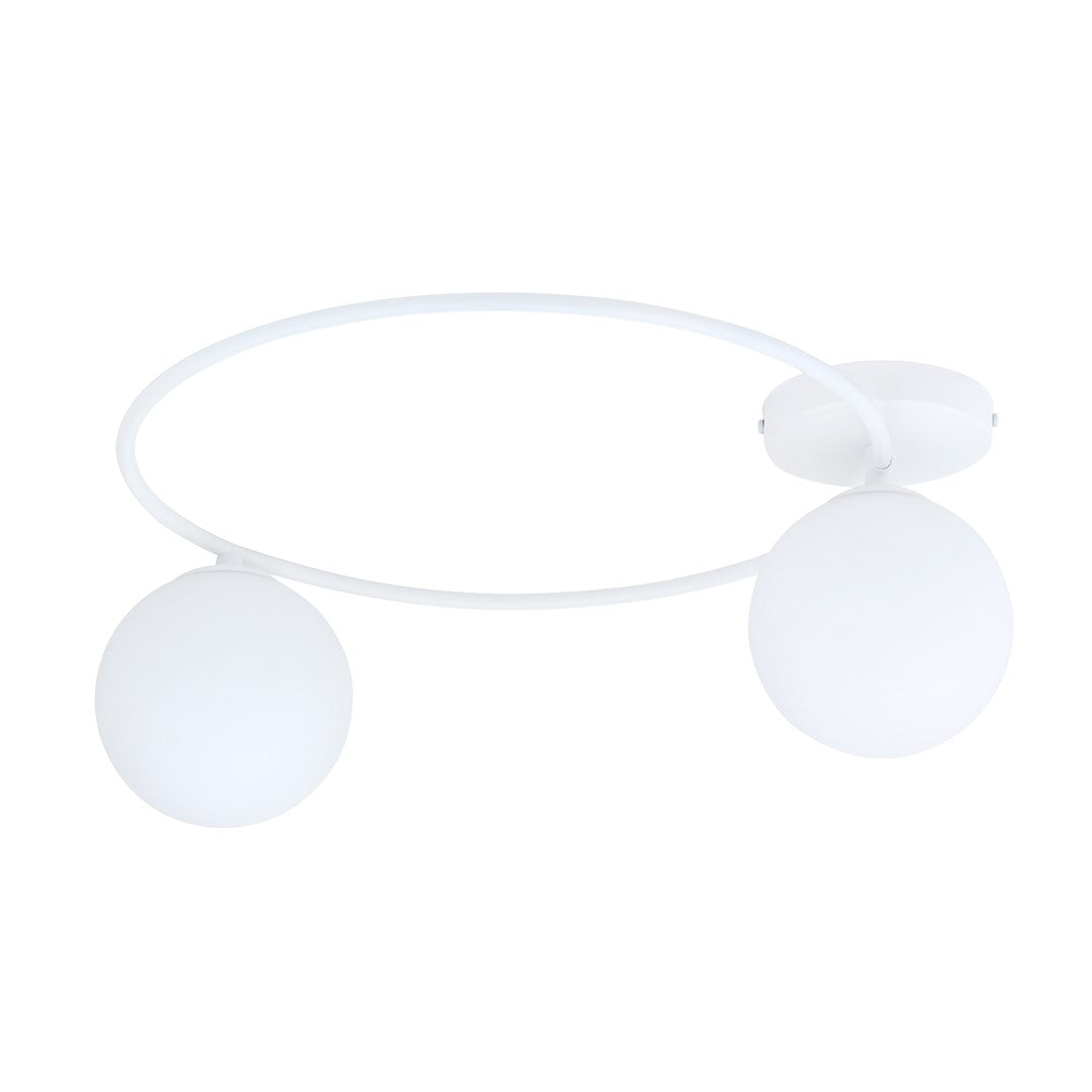 Witte plafondlamp met open ring en twee opaalwitte glazen bollen